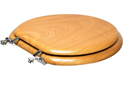 Vista 4 de 5Q1R4-17CH - Asiento de inodoro de madera natural con acabado decorativo, bisagra de poste único de madera y metal, redondo, roble claro con cromo
