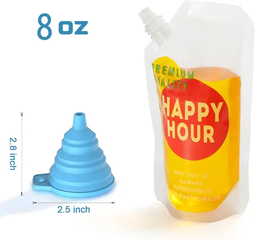 Vista 7 de 6 bolsas de bebidas para adultos, botellas de plástico, reutilizables, desechables, con embudo (8 onzas)