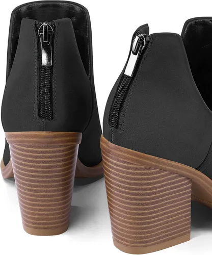 Vista 4 de mysoft Botines de tobillo para mujer sin cordones con recortes, puntera puntiaguda, tacón grueso apilado medio Negro (black Nubuck)