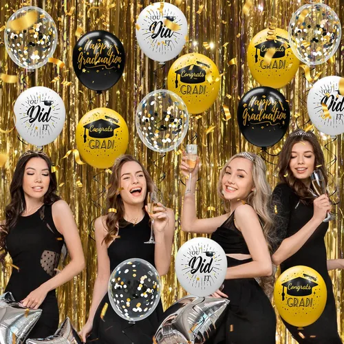 Vista 6 de Paquete de 78 globos de graduación 2026, decoraciones de graduación, globos de graduación de 12 pulgadas de oro negro con cintas para decoraciones