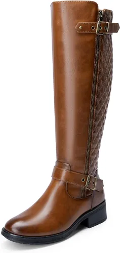 Vista 11 de DREAM PAIRS Botas altas hasta la rodilla para mujer, cómodas, tacón grueso en bloque, punta redonda, cremallera lateral, hebillas de moda para Negro