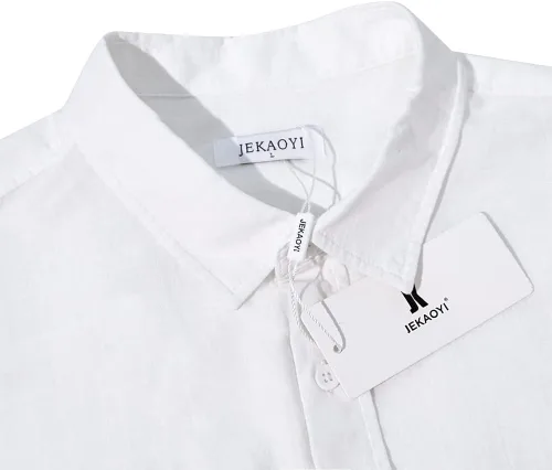 Vista 3 de JEKAOYI Camisas de lino con botones para hombre, estilo casual, manga larga, ajuste regular, de algodón, con bolsillo
