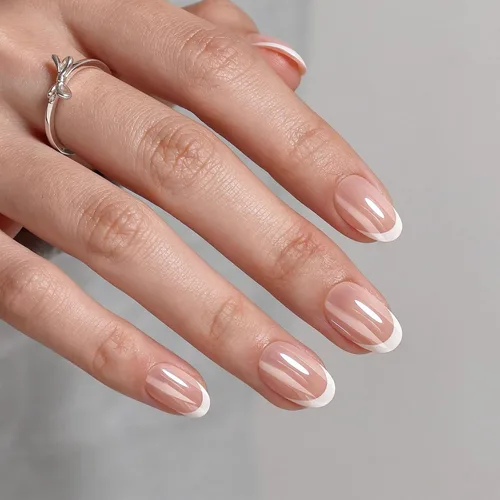 Vista 13 de Uñas cortas a presión de almendra, uñas con purpurina rosa degradado 3H-rosa con purpurina
