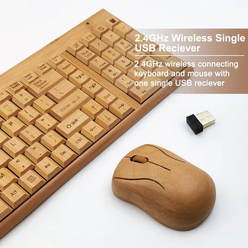 Vista 7 de Smart Tech Combo de teclado y mouse inalámbricos de bambú natural de 2,4 GHz para PC