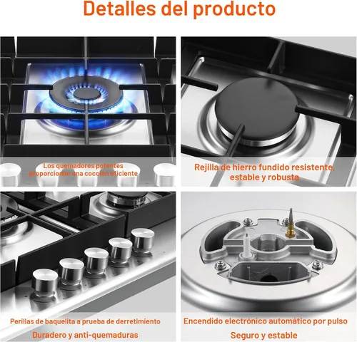 Vista 3 de Eascookchef Placa de cocina de gas de 30 pulgadas, estufa de gas con 5 quemadores de alta eficiencia, placa de cocina de propano de acero inoxidable
