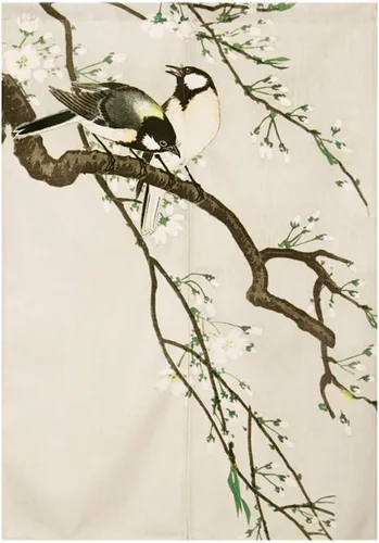 Vista 7 de Cortina japonesa Noren para puerta, pintura de tinta, hojas y pájaros, cortina para puerta, tapiz divisor de habitación, 33 x 47 pulgadas Bird 2