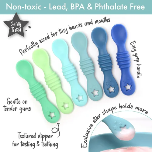 Vista 2 de PrimaStella Cucharas de silicona para bebés de 6 piezas, cucharas para bebés de primera etapa, cuchara de entrenamiento para bebés de punta suave