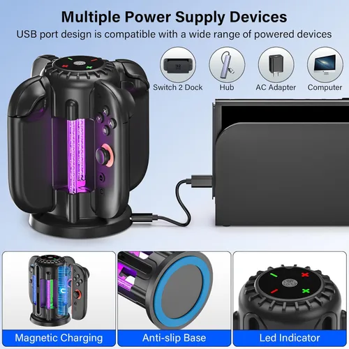 Vista 6 de Switch-2-Joycon-Charger - Base de carga para Nintendo Switch 2 JoyCon 2025, luz LED magnética y de burbujas, estación de carga rápida para Nintendo