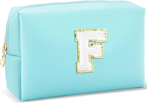 Vista 20 de URSKYTOUS Regalos para niñas, bolsa de maquillaje con inicial, bolsa de cosméticos personalizada con cremallera, bonita bolsa de aseo de viaje, Azul