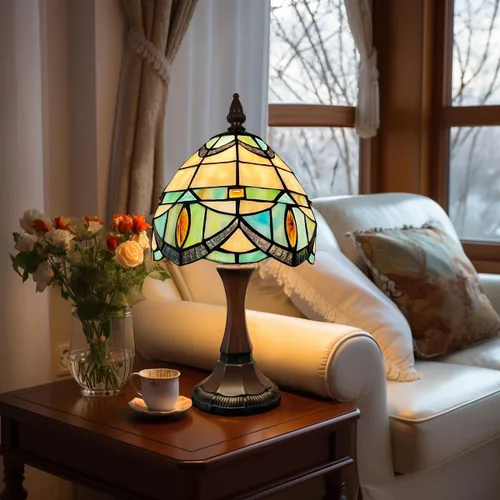 Vista 4 de Tiffany - Lámpara de mesa pequeña con vitrales, luz de mesa de estilo antiguo, lámpara de noche vintage para sala de estar, dormitorio, mesita