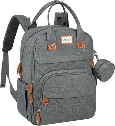 Vista 8 de LANDICI Mochila para pañales multifunción con cambiador, correas para cochecito y funda para chupete, mochila de viaje para mamá, papá, niño, niña