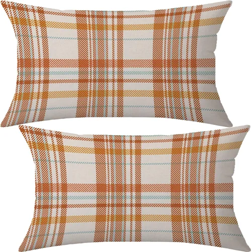 Vista 17 de AOFANGGO - Juego de 2 fundas de almohada de otoño decorativas de 16x16 pulgadas. Fundas de almohada de cuadros naranja y gris, cojines de lino