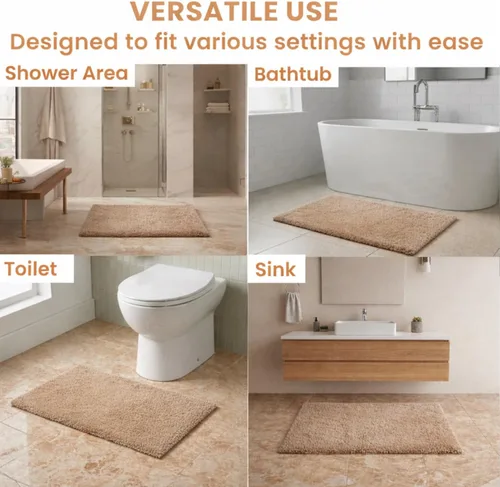 Vista 6 de C23 Shag - Alfombra de baño beige de 2200 GSM, 20 x 32 pulgadas, alfombra de baño gruesa de felpa ultrasuave, alfombra de baño peluda de lujo