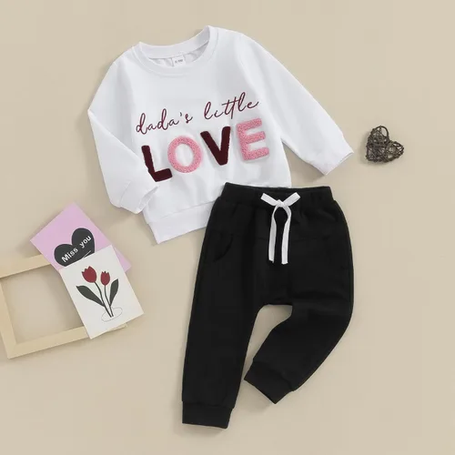 Vista 8 de SOLILOQUY Conjunto de sudadera con cuello redondo y estampado de letras para el día de San Valentín para bebé niño y niña