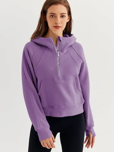 Vista 2 de WYNNQUE Sudadera corta con capucha para mujer, manga larga, forro polar, media cremallera, ropa de otoño
