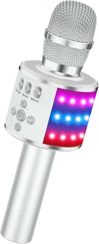 Vista 10 de Micrófono de karaoke BONAOK para niños y adultos - micrófonos Bluetooth con luces de disco, efecto eco, altavoz incorporado, reproductor de karaoke