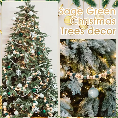 Vista 5 de WILLBOND Guirnalda de cuentas de madera de Navidad de 16 pies para árbol de Navidad, decoración de vacaciones (verde salvia)