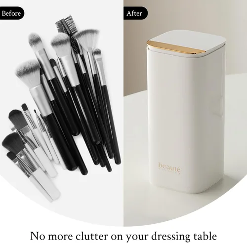 Vista 8 de Soporte de cepillo de maquillaje de elevación automática con tapa a prueba de polvo organizadores cosméticos para tocador-blanco