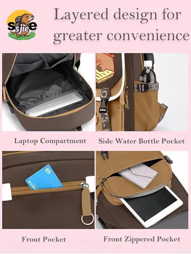 Vista 2 de Mochila impermeable de Capybara, mochila Kawaii de gran capacidad con 11 piezas de accesorios, Grande