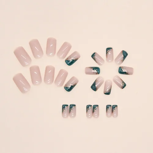Vista 3 de Uñas postizas a presión de color nude, uñas postizas medianas con punta francesa verde con diseños de lámina dorada, uñas adhesivas de cobertura