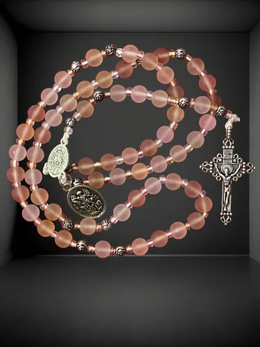 Vista 2 de Pink Frosted Glass Rosary with Miraculous Medal and 2" Crucifix St Michael Medal