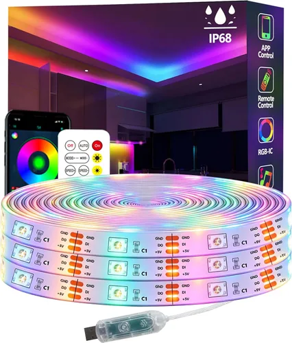 Vista 6 de Tira de luces LED Ws2812 RGB+IC de 16.4 pies IP68 impermeable para exteriores, alimentación por USB de 5 V, sincronización de música, Bluetooth