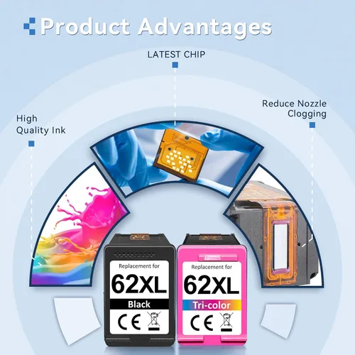 Vista 3 de 62XL - Cartuchos de tinta negros y de color compatibles con HP 62XL, paquete combinado de cartuchos de tinta para HP Ink 62 para impresora Envy 7640