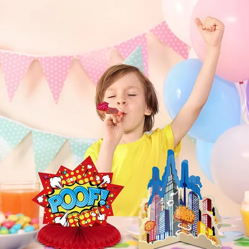 Vista 5 de 10 piezas de decoración de fiesta temática de héroe, centros de mesa 3D con temática de héroe, decoración de mesa de papel con palabras grandes