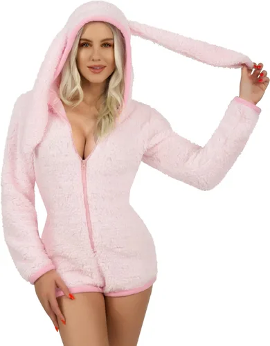 Vista 7 de Giggling Getup Disfraz de pijama de conejo para adulto, acogedor disfraz de conejo rosa, mameluco con capucha de sherpa, overol corto