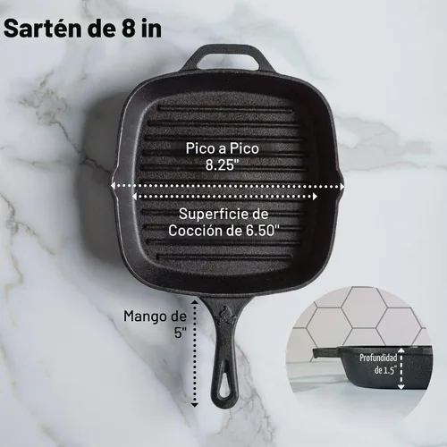 Vista 2 de Sartén cuadrada de parrilla de 8 pulgadas de hierro fundido presazonado medio