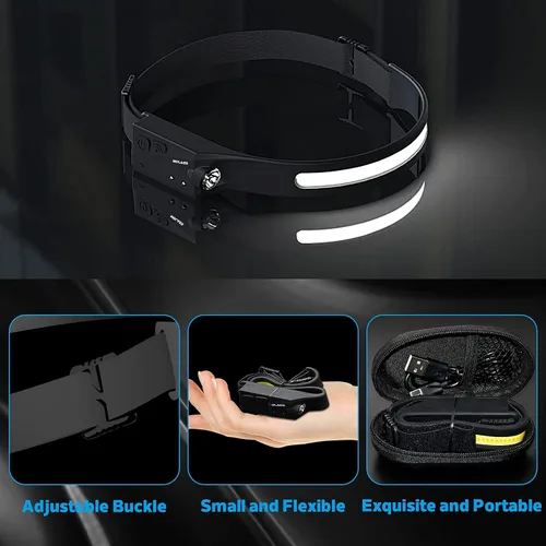 Vista 6 de Linterna frontal LED recargable, linterna de iluminación de 230° con sensor de movimiento, ligera, resistente a la intemperie, 2 fuentes de luz
