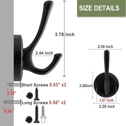 Vista 6 de TOFIIGREM Ganchos negros para toallas, paquete de 2 ganchos de metal resistente para bata de baño, gancho doble montado en la pared, ganchos