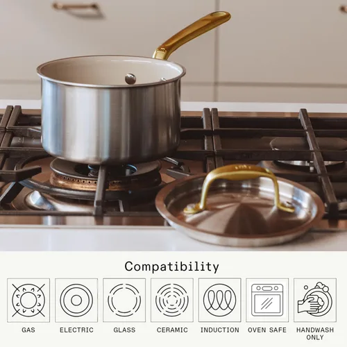 Vista 4 de Made In Cookware - 2 QT CeramiClad Non Stick Saucepan with Lid (Antique Brass Handle) - 5-Ply Stainless Clad with Stay-Cool Handle - Professional