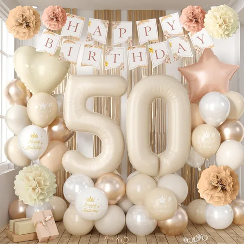 Vista 27 de Decoraciones de cumpleaños número 13 en crema para niñas, globos beige con número 13 en forma de corazón y estrella marrón, globos neutros
