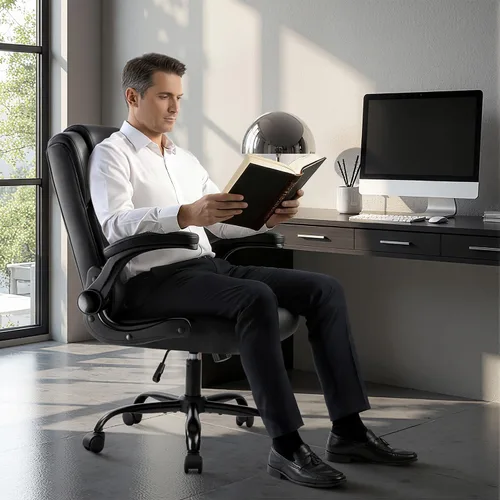 Vista 2 de Silla de escritorio de cuero OFIKA, silla de oficina ergonómica con soporte lumbar, silla de computadora, silla ejecutiva de cuero con reposabrazos