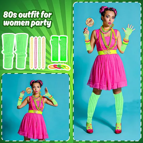 Vista 6 de Abitoncc 80s Women's Costumes Accessories Set Halloween Retro 80s Pink Neon Leg Warmers Headband Fanny Pack Wristbands Gloves