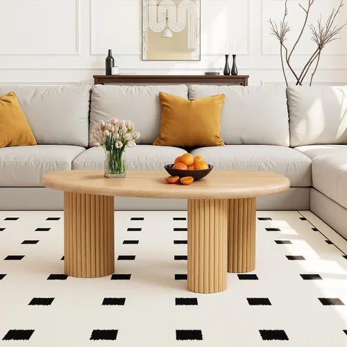 Vista 7 de Mesa de Centro Acanalada, 39'' Mesas de Centro Estilo Granja para Sala de Estar, Mesa Central de Acento de Madera Baja Mesa de Té Pequeña con Base