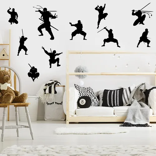 Vista 5 de PLIGREAT 9 calcomanías de pared Samurai ninja, calcomanías de pared de vinilo extraíble para fanáticos del Taekwondo Hall, Kung Fu para dormitorio