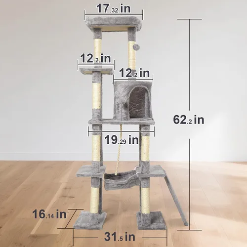 Vista 4 de Árbol grande para gatos, torre para gatos de varios niveles de 65 pulgadas de alto con postes rascadores cubiertos de sisal, condominio, hamaca