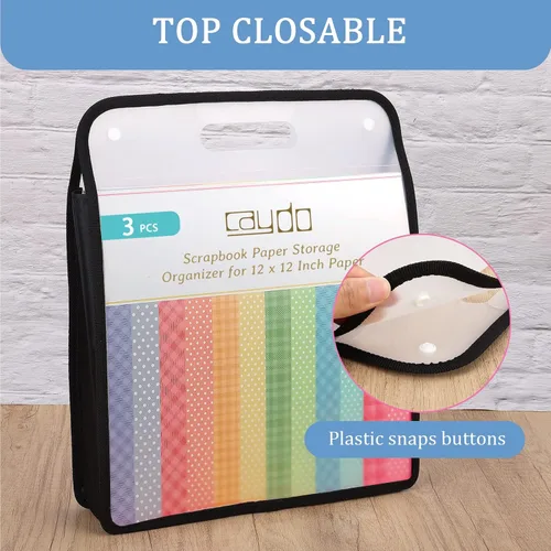 Vista 4 de Caydo Organizador de papel para álbum de recortes, paquete de 3 folios de papel expandible negro con asa, almacenamiento de papel portátil