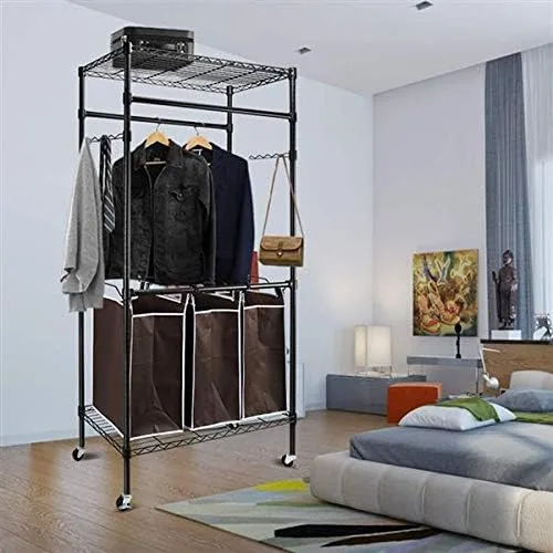 Vista 5 de HopeHope Perchero para colgar ropa, perchero plegable con ruedas, altura ajustable. Clasificador de ropa de 3 bolsas