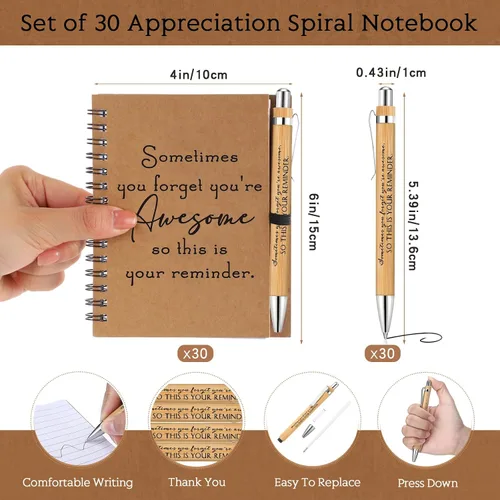 Vista 2 de Honoson 30 Juegos de Cuadernos en Espiral, Regalos de Agradecimiento para Empleados, Diarios Inspiracionales con Bolígrafos de Bambú Retráctiles a