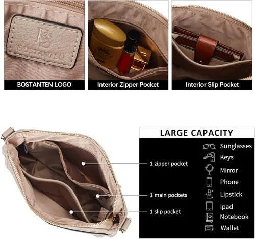 Vista 6 de BOSTANTEN - Bolsos bandolera para mujer, de cuero vegano moderno, estilo hobo, con correa ancha para el hombro