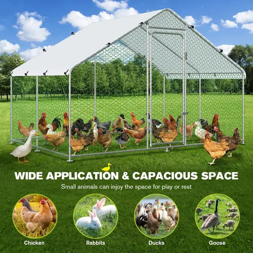 Vista 5 de Gallinero grande de metal con cubierta impermeable, para exteriores, patio trasero, granja, anti-UV, jaula en forma de espuela para aves, patos