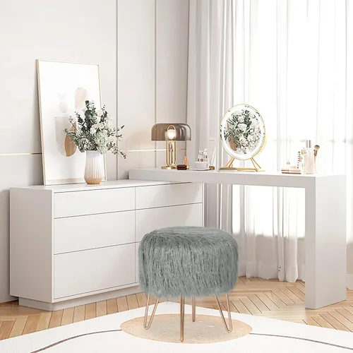 Vista 5 de Adeco Taburete otomano redondo de piel sintética con patas de metal, reposapiés suave y peludo, asiento acolchado, muebles decorativos tapizados Gris