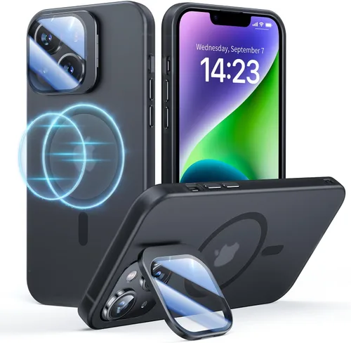 Vista 18 de Funda para iPhone 14 Pro, protección contra caídas de grado militar, compatible con MagSafe, soporte integrado y protector de lente de cámara, funda
