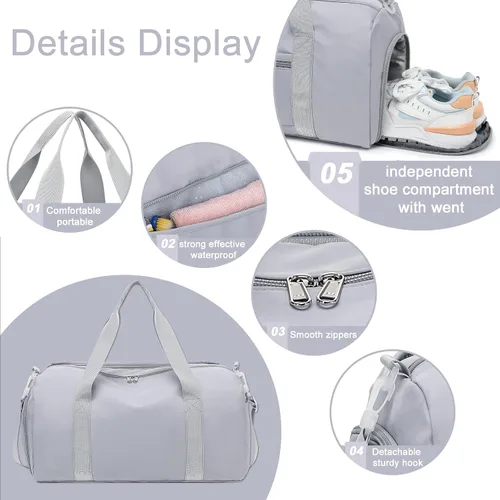 Vista 4 de Bolsa de viaje deportiva para gimnasio para hombres y mujeres con compartimento para zapatos, bolsillo húmedo, Gris (Pure Grey), Bolsa de gimnasio