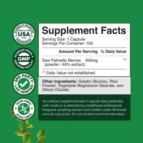 Vista 2 de Extracto de palma enana americana extra fuerte, complejo de hierbas avanzado para la salud del cabello y apoyo urinario con esteroles vegetales
