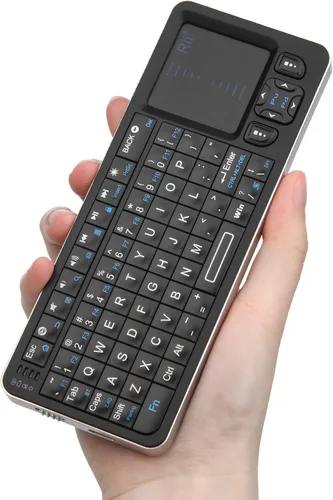 Vista 2 de Rii K06 Mini teclado Bluetooth, teclado inalámbrico retroiluminado de 2.4GHz con aprendizaje IR, portátil con panel táctil, compatible con Amazon