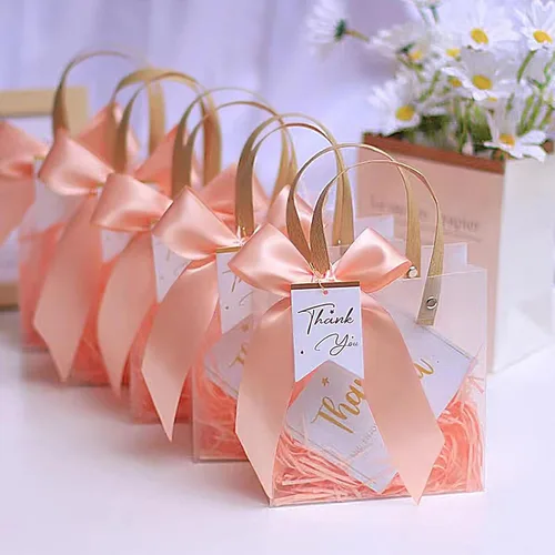 Vista 10 de ZSMSTW 5 bolsas de regalo de PVC transparente con asas, bolsas de plástico reutilizables para regalos de boda, fiesta de cumpleaños, bolsas de Matcha